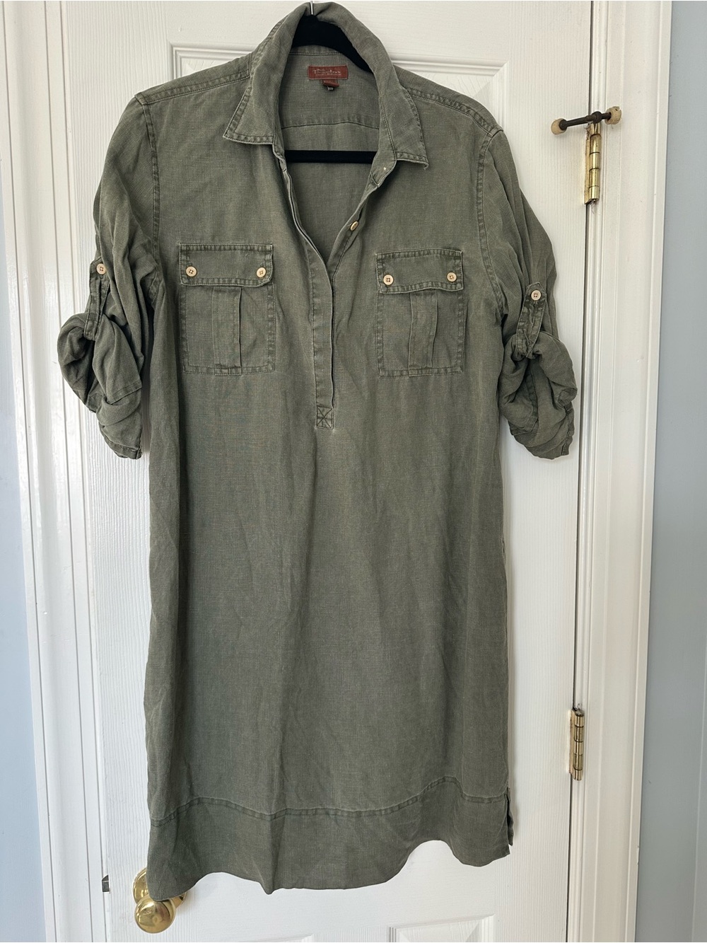 Tommy Bahama Olive Green Long Sleeve Linen Shirt Dress M